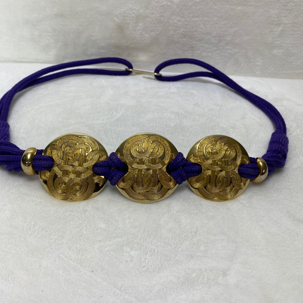 VTG Purple Braided Rope Belt Gold Tone Scroll Medallion Hook Closure 33 Inch Adj